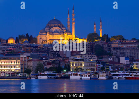 Suleymaniye Mosque and the Golden Horn, in Istanbul, Turkey, at the twilight. Stock Photo