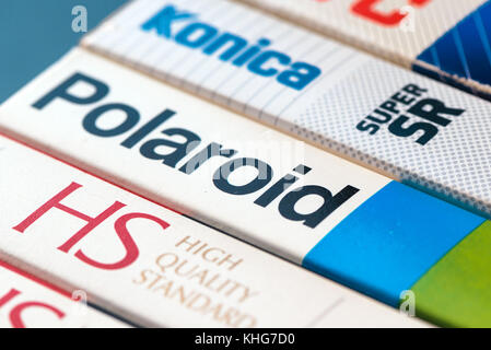 NOVI SAD, SERBIA - NOVEMBER 6, 2017: Various brands of VHS video cassettes wrappers. Video Home System, analog video recording on tapes was released i Stock Photo