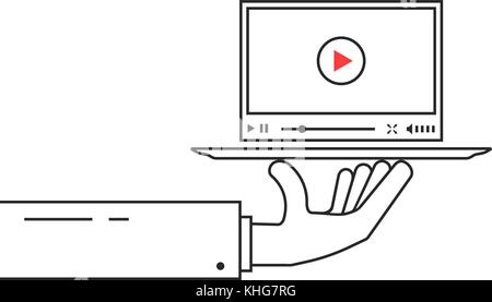black linear hand holding video player on dish Stock Vector