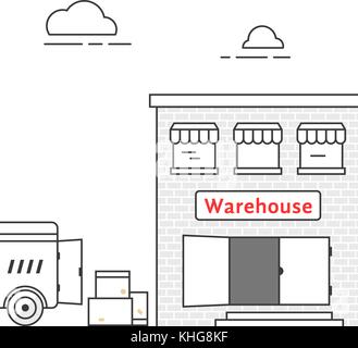 thin line warehouse with delivery vehicle Stock Vector