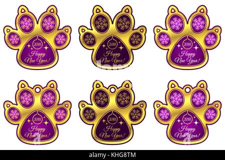 Dog Paw 2018 of New Year. Set of Stickers and Hanging Toy of Purple Dog Paw with Illustration of Snowflakes, Christmas tree Toy, Glares and Inscriptio Stock Vector