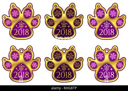 New Year Dog Paw 2018. Set of Stickers and Hanging Toy of Purple Dog Paw with Illustration of Snowflakes, Toy Star of Christmas tree, Glares and Inscr Stock Vector