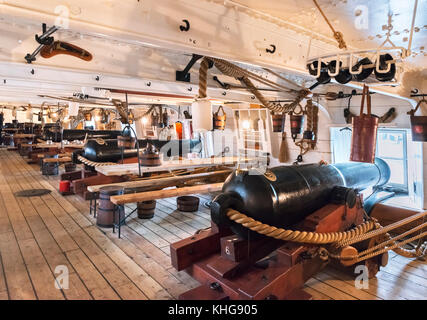 Gundeck on HMS Warrior, the first ocean going ironclad steam frigate in the Royal Navy, Portsmouth Historic Dockyard, Hampshire, England, UK Stock Photo