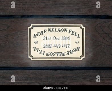 Plaque on the deck of HMS Victory marking the spot where Admiral Lord Nelson fell, Portsmouth Historic Dockyard, Hampshire, England, UK Stock Photo