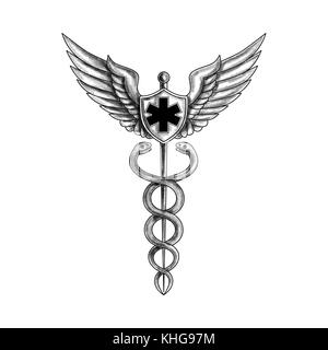 Tattoo style illustration of caduceus staff with pilot wings and EMT star inside shield. Stock Photo