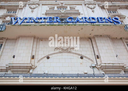 England, Lancashire, Blackpool, Winter Gardens exterior and sign. Stock Photo