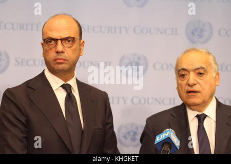 UN, New York, USA. 16th Nov, 2017. Italy's Foreign Minister Angelino Alfano and UN Envoy to Libya  Ghassan Salame briefed press on situation in Libya. Credit: Matthew Russell Lee/Alamy Live News Stock Photo