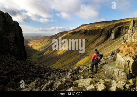 High Cup Nick, Cumbria. Thursday 16th November 2017. UK Weather. Spectacular views along the remote glaciated valley of High Cup Nick into the Eden Valley as heavy rain gives way to sunny spells in Cumbria today. Credit: David Forster/Alamy Live News Stock Photo