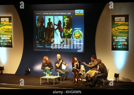 London, UK. 16th Nov, 2017. British Explorer Benedict Allen, seen here in the stage of the Travel and Adventure Show, where he shared some of his experiences including the time he eat a dog in the jungle in order to survive, has been found well and alive in Papua New Guinea, after three weeks gone missing@Paul Quezada -Neiman/Alamy Live News Stock Photo