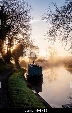 Bathampton, Somerset, UK weather. 17th November 2017. The sun rises over narrowboats on the Kennet and Avon Canal on a frosty bright morning along the towpath. Credit: Richard Wayman/Alamy Live News Stock Photo