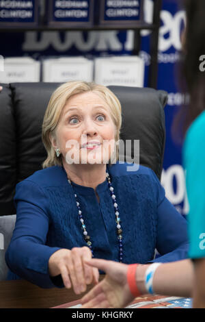 Former First Lady, Secretary of State and Democratic presidential candidate Hillary Rodham Clinton greets admirers and signs books as she promotes her new book, 'What Happened' during a swing through Austin, Texas, on a national tour.  The book details the failings of her 2016 campaign against Donald Trump. Stock Photo