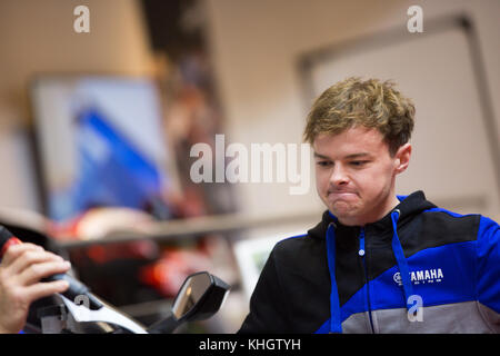 Birmingham, UK. 18th Nov, 2017.   Tarran Mackenzie on the Yamaha stand talking about his racing plans for 2018 Credit: steven roe/Alamy Live News Stock Photo