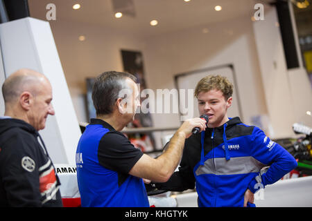 Birmingham, UK. 18th Nov, 2017.   Tarran Mackenzie on the Yamaha stand talking about his racing plans for 2018 Credit: steven roe/Alamy Live News Stock Photo