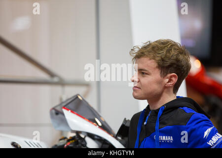 Birmingham, UK. 18th Nov, 2017.   Tarran Mackenzie on the Yamaha stand talking about his racing plans for 2018 Credit: steven roe/Alamy Live News Stock Photo