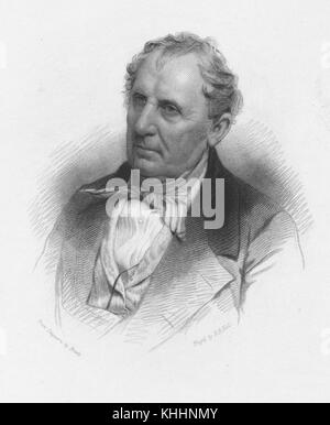 Engraved portrait of James Fenimore Cooper, author of The Last of the Mohicans, by HB Hall from a daguerreotype by Brady, 1900. From the New York Public Library. Stock Photo