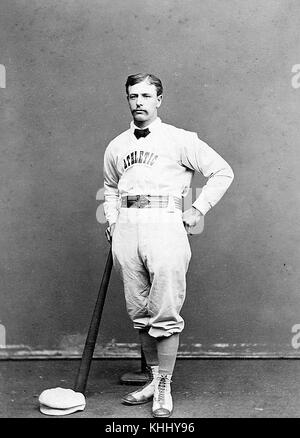 Portrait of John Clapp, nicknamed 'Honest John', was a professional baseball player-manager whose career spanned 12 seasons, in Philadelphia Athletics uniform, posing with a bat, photograph by Suppards and Fennemore, 1874. From the New York Public Library. Stock Photo