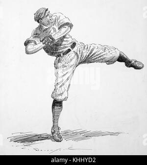 A illustration of a baseball player in uniform, the player is a pitcher who is winding up to throw his pitch in a style that was new at the time of the illustration's publication, 1900. From the New York Public Library. Stock Photo