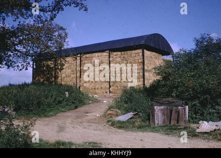 A photograph of a covered building with no sides used to store bales of hay, the bales are stacked several stories high, the building is situated on a dirt road surrounded by grass and bushes, discarded trash can be seen in the foreground, 1961. Stock Photo