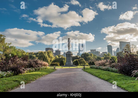 Boston, United States: October 13, 2017: Looking Down Walkway to Washington Statue in Boston Public Garden Stock Photo