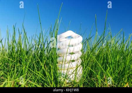 energy saving bulb in green grass against blue sky Stock Photo