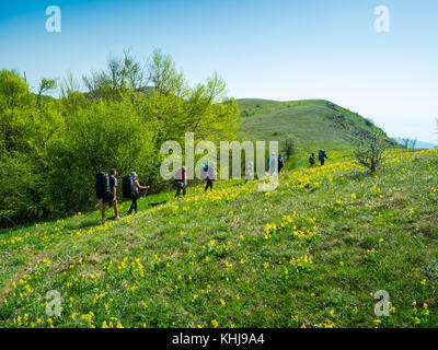 Hikers group trekking in Crimea mountains Stock Photo