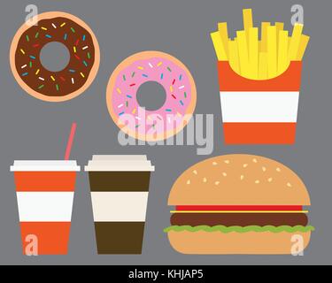 Flat design illustration of a fast food meal with food and drink, isolated on gray background - vector Stock Vector