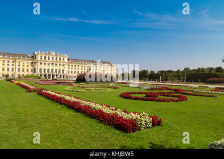 VIENNA, AUSTRIA - SEPTEMBER 11, 2016 : View of Schönbrunn Palace, one of best touristic attractions in Vienna on bright sky background. It is baroque  Stock Photo