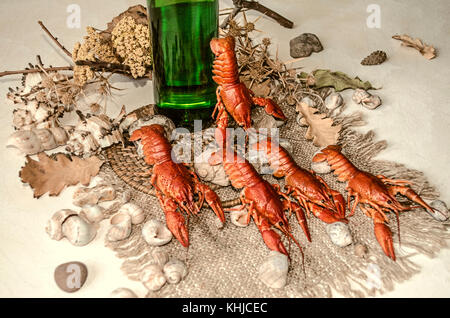 Bottle of beer with salted boiled red crayfish on a canvas with seashells, pebbles and dry branches lying on plywood Stock Photo