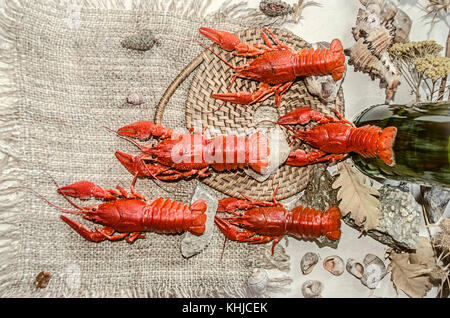 Boiled salted red crayfish with bottle of beer on a canvas with seashells pebbles and dry branches lying on plywood Stock Photo
