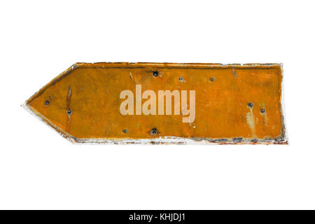 Orange arrow shape from a rusty and grunge metal iron plate with peeling coating and scratches texture isolated on a white background. Stock Photo