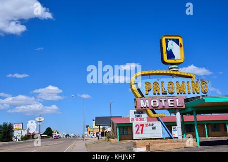 TUCUMCARI, NEW MEXICO - JULY 21: Palomino Motel on Historic Route 66 on July 21, 2017 in Tucumcari, New Mexico. The Palomino Motel has been serving tr Stock Photo