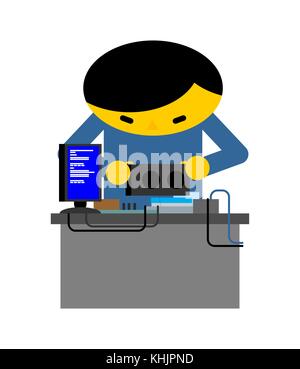 Computer repair. Guy is repairing PC. mending and assembly of electronic brain. Vector illustration Stock Vector