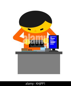 Computer repair. Guy is repairing PC. mending and assembly of electronic brain. Vector illustration Stock Vector