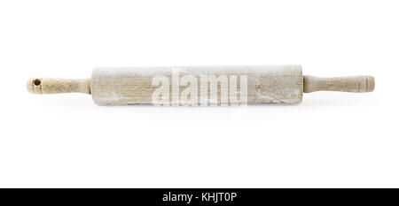 Old wooden rolling pin dusted with white flour and isolated over a white background. Light shadow below rolling pin and clipping path included. Stock Photo