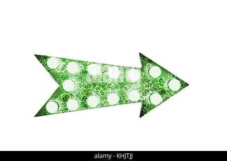 Green dollar signs (“$”) painted over a vintage bright and colorful illuminated metallic display green arrow sign with light bulbs isolated against a  Stock Photo