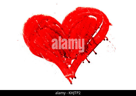 Hand drawn painted red heart with drips and dry paint imperfections isolated on white background. Stock Photo