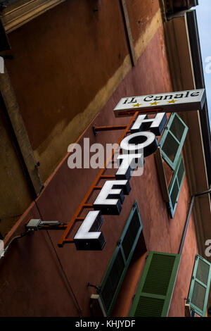 Once Bologna had many canals. Now only a fraction of the network is visible. La Canale Hotel. Bologna, Italy Stock Photo
