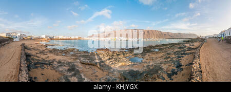 panoramic view of Caleta del Sebo from the beach, La Graciosa, Canary Islands, Spain Stock Photo