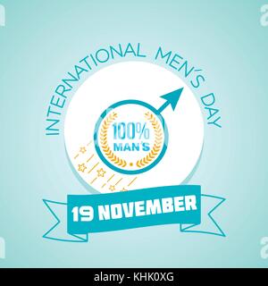 Greeting card. Holiday - International Mens Day in the form of a male sign moving forward with an inscription of 100 percent man Stock Vector