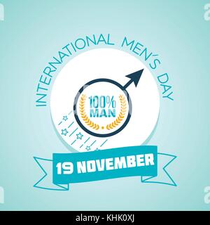 Greeting card. Holiday - International Mens Day in the form of a male sign moving forward with an inscription of 100 percent man Stock Vector