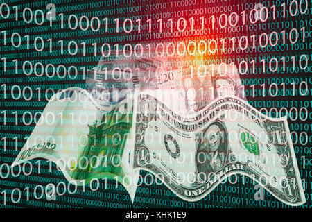 Binary code and banknotes of different currencies symbolizing cryptocurrencies as a new means of payment Stock Photo