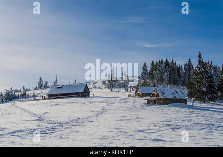 Winter snow covered mountain peaks huts and trees in Ukrainian Carpathians, Europe. Great place for winter sports, hiking Stock Photo