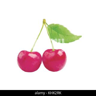 Watercolor Cherry fruit with leaf on white Stock Vector