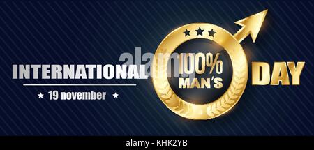 banner on holiday International Mens Day in the form of a male sign moving forward with an inscription of 100 percent man. 3D illustration Stock Vector