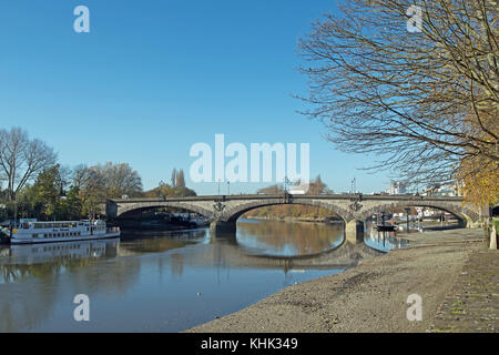 view from strand on the green, chiswick, towards kew bridge on the river thames Stock Photo