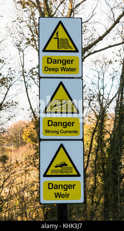 Dangerous Water Warning Signs at Barnard Castle, Teesdale Stock Photo ...