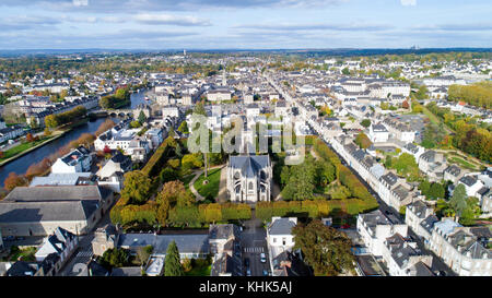 Aerial view of Saint Joseph church and Langlier square in Pontivy Stock Photo