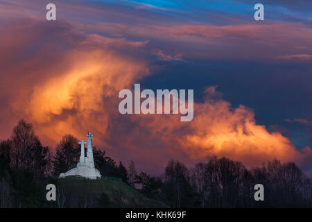 Monument of Three Crosses in Vilnius, Lithuania. The symbol of the city. Stock Photo