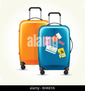 Plastic wheeled suitcases - baggage with travel tags Stock Vector