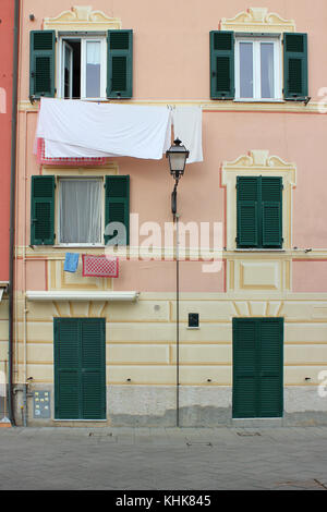 beautifully colored facade of typical houses in Liguria, Italy Stock Photo